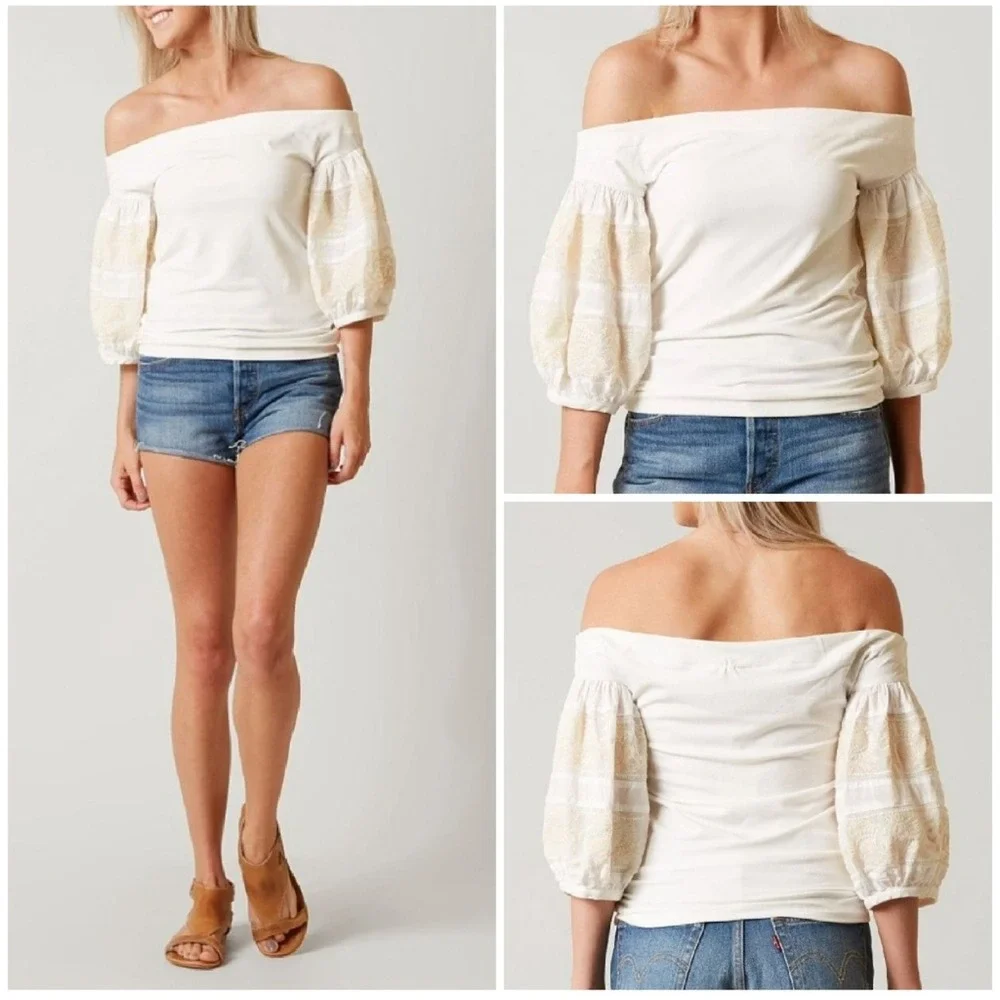 Free People Rock with It Top‎ Off Shoulder Medium Embroidered Puff Sleeves Ivory